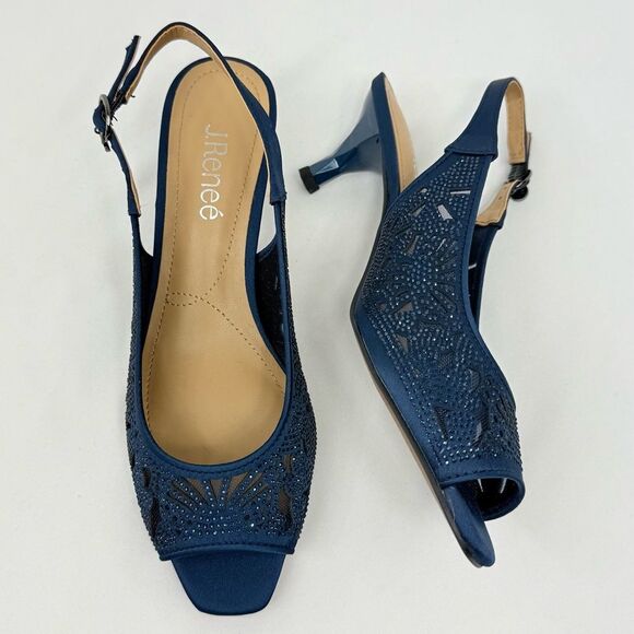J. Renee ARATA Navy Blue Sparkle Laser Cutout Lace Mesh Open Toe Slingback Heels - Picture 3 of 16